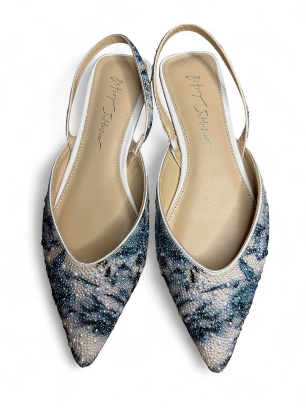 Betsey Johnson Vance Blue and White Beaded Pointed Slingback Flats